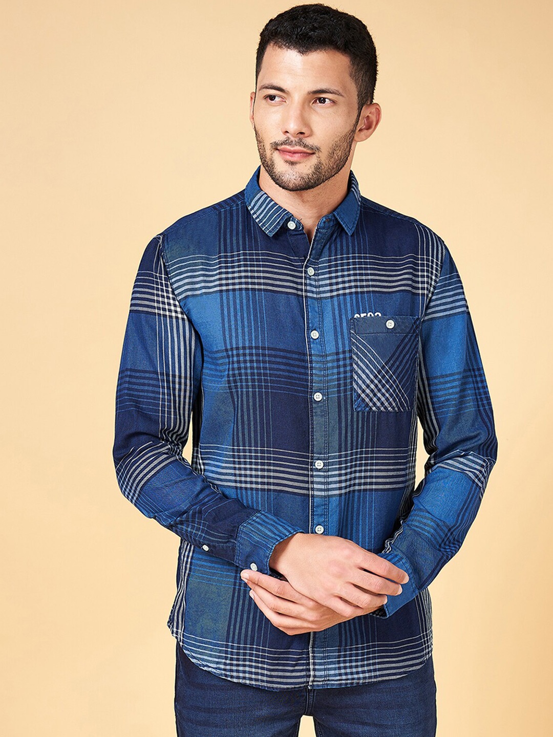 

SF JEANS by Pantaloons Slim Fit Tartan Checked Cotton Casual Shirt, Blue