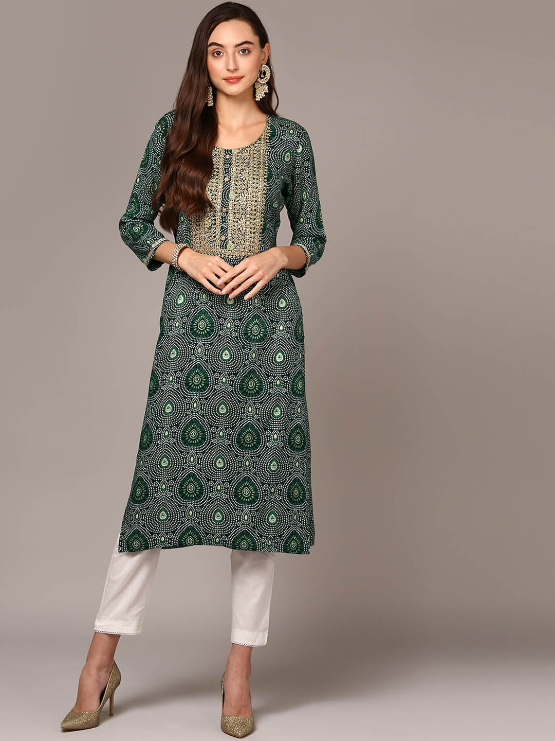 

AHIKA Ethnic Motifs Printed Thread Work Straight Kurta, Green