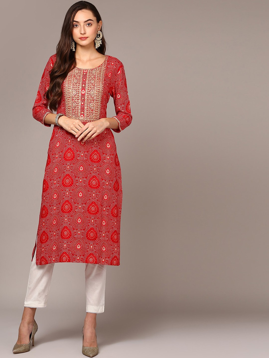 

AHIKA Bandhani Printed Sequinned Straight Kurta, Red