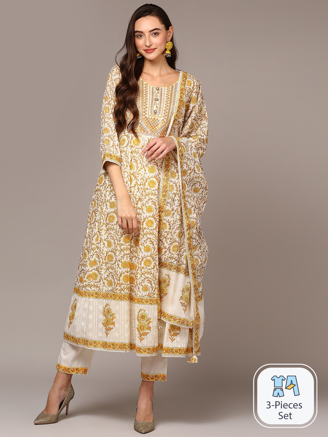 

AHIKA Floral Printed Regular Thread Work Kurta With Trousers & Dupatta, Off white