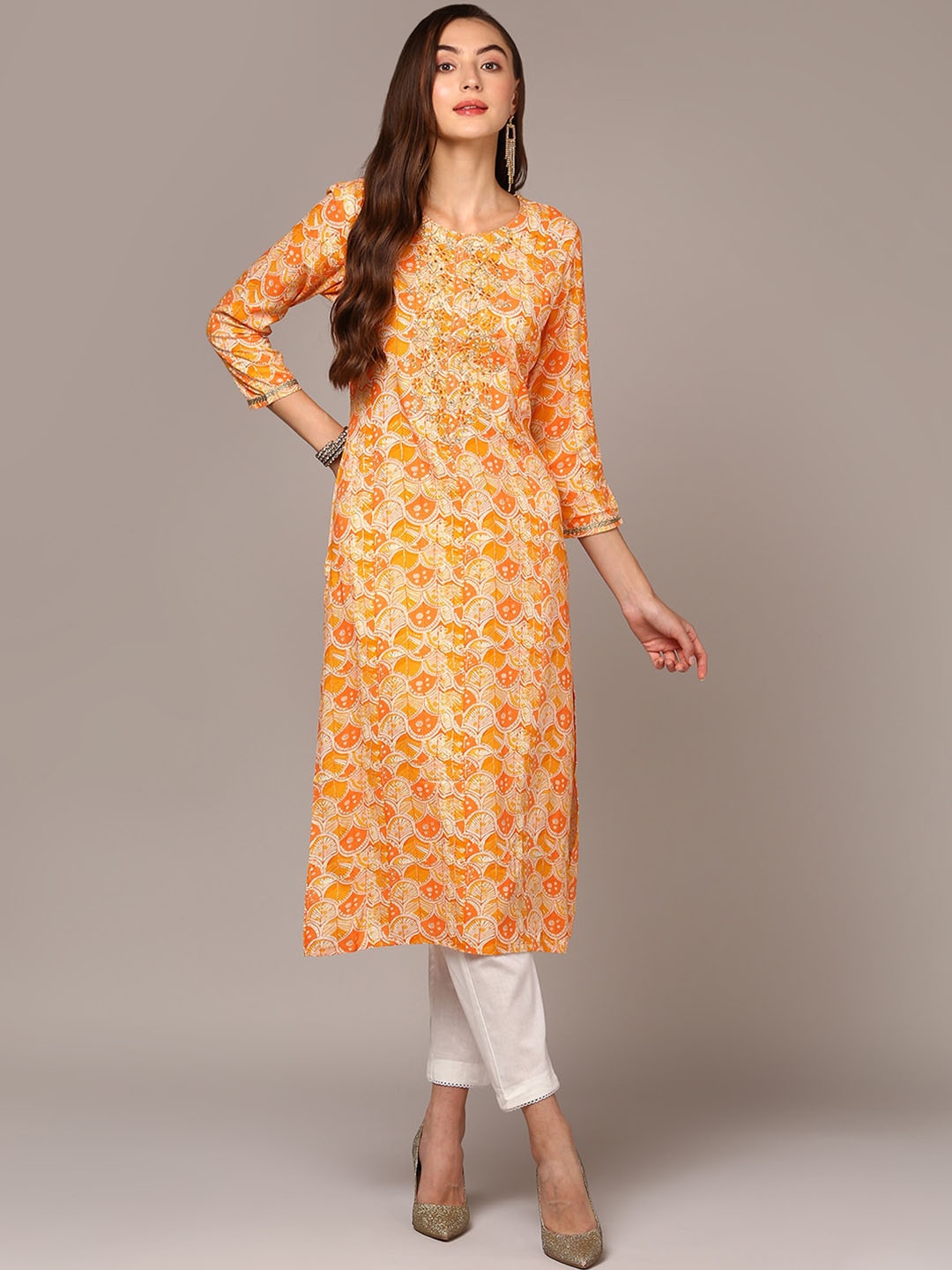 

AHIKA Women Ethnic Printed Thread Work Straight Kurta, Orange