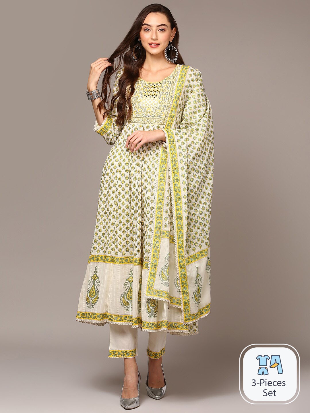 

AHIKA Ethnic Motifs Printed Regular Mirror Work Kurta With Trousers & Dupatta, Off white
