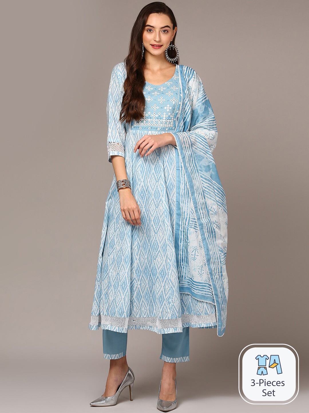 

AHIKA Ethnic Motifs Printed Regular Mirror Work Kurta With Trousers & Dupatta, Blue