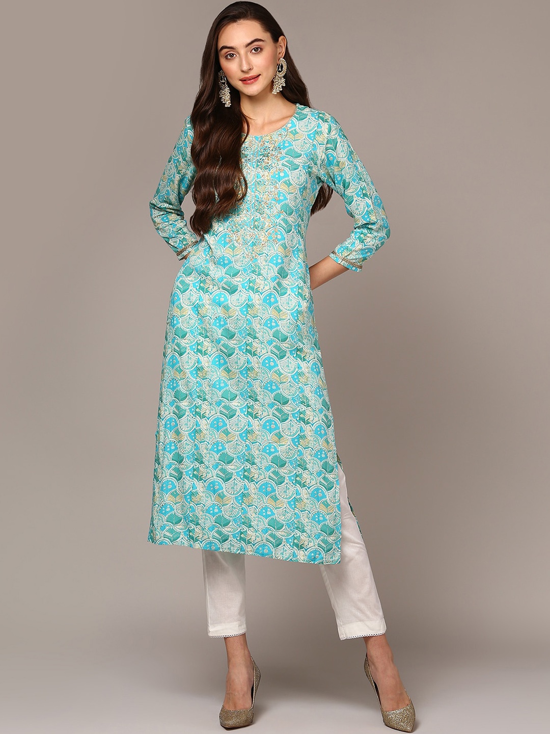 

AHIKA Ethnic Motifs Printed Straight Kurta, Turquoise blue