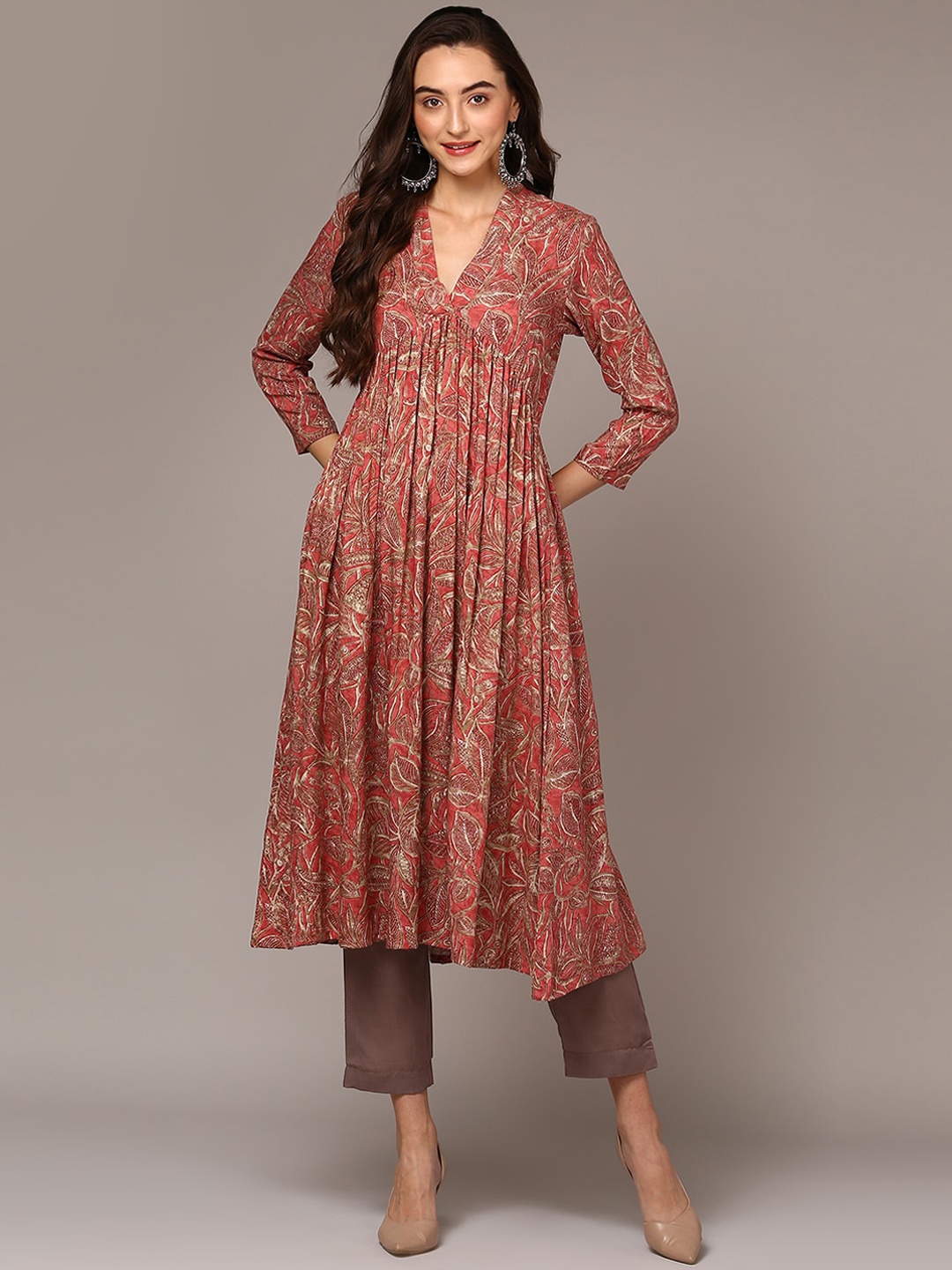 

AHIKA Ethnic Motifs Printed V-Neck Empire A-Line Kurta, Pink