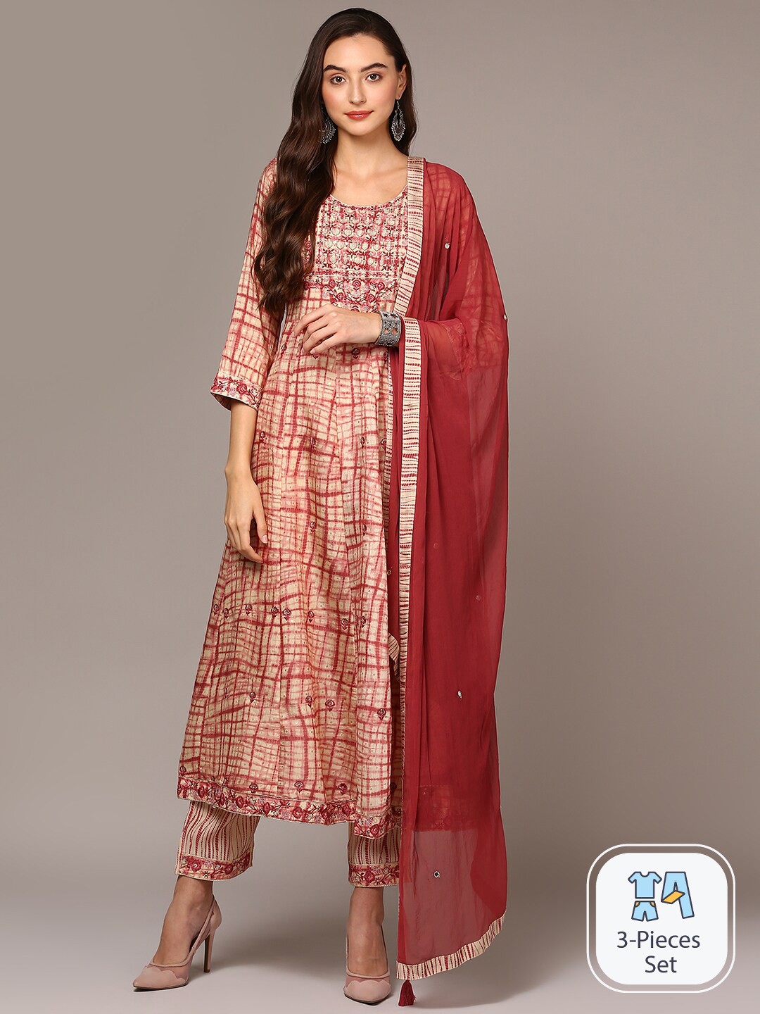 

AHIKA Abstract Printed Empire Thread Work Kurta & Trousers With Dupatta, Red