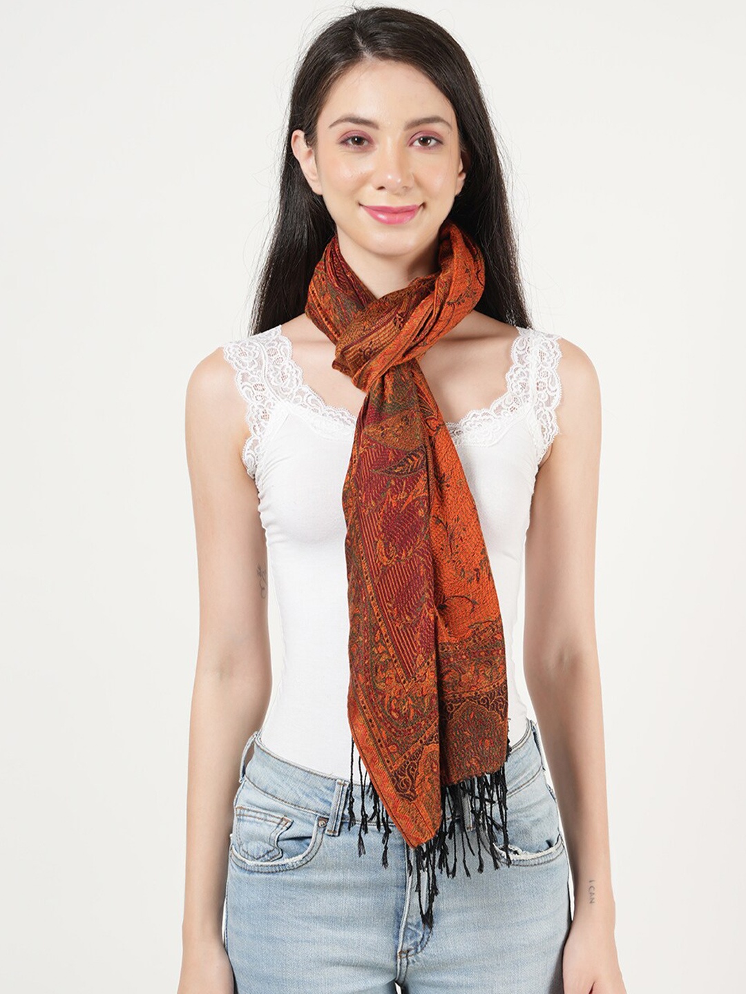 

MUFFLY Ethnic Motifs Printed Tasselled Stole, Brown