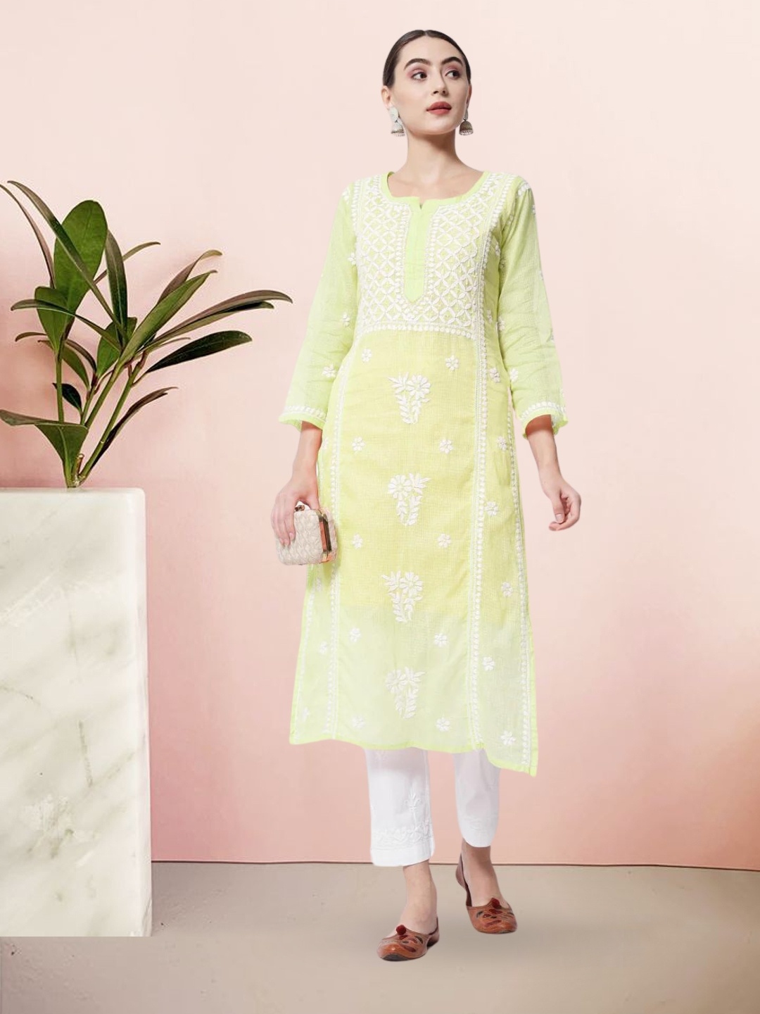 

PARAMOUNT CHIKAN Women Embroidered Lucknowi Chikankari Kota Kurta, Yellow