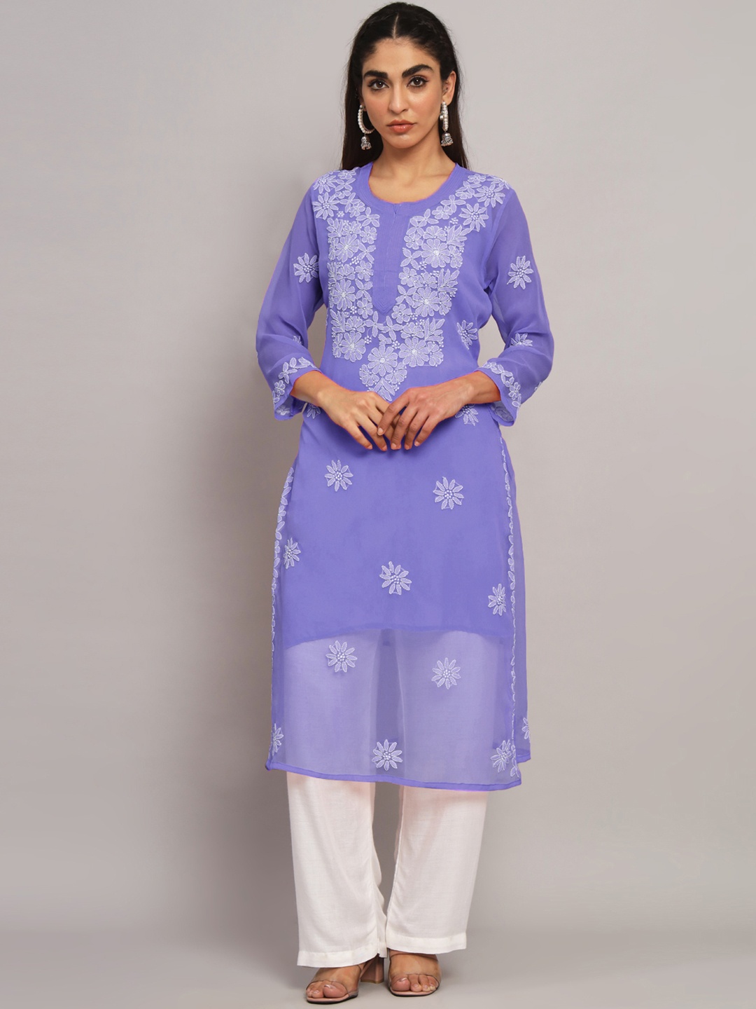 

PARAMOUNT CHIKAN Women Embroidered Lucknowi Chikankari Georgette Kurta, Lavender