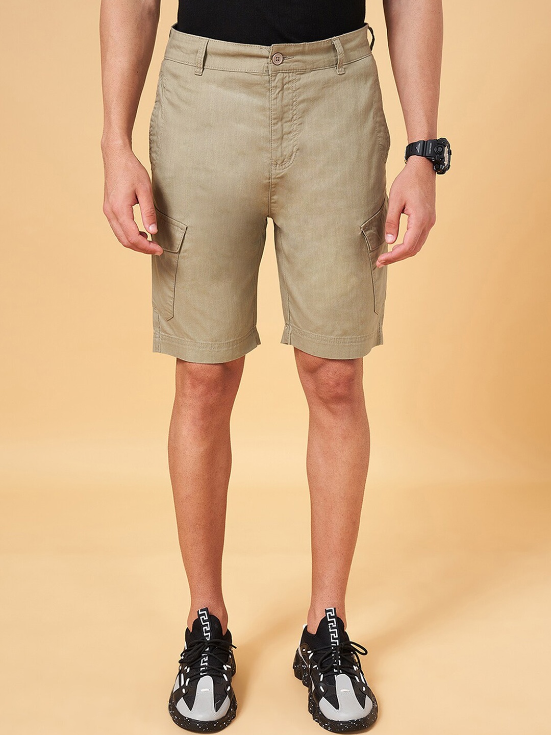 

People Men Loose Fit Mid-Rise Pure Cotton Cargo Shorts, Khaki