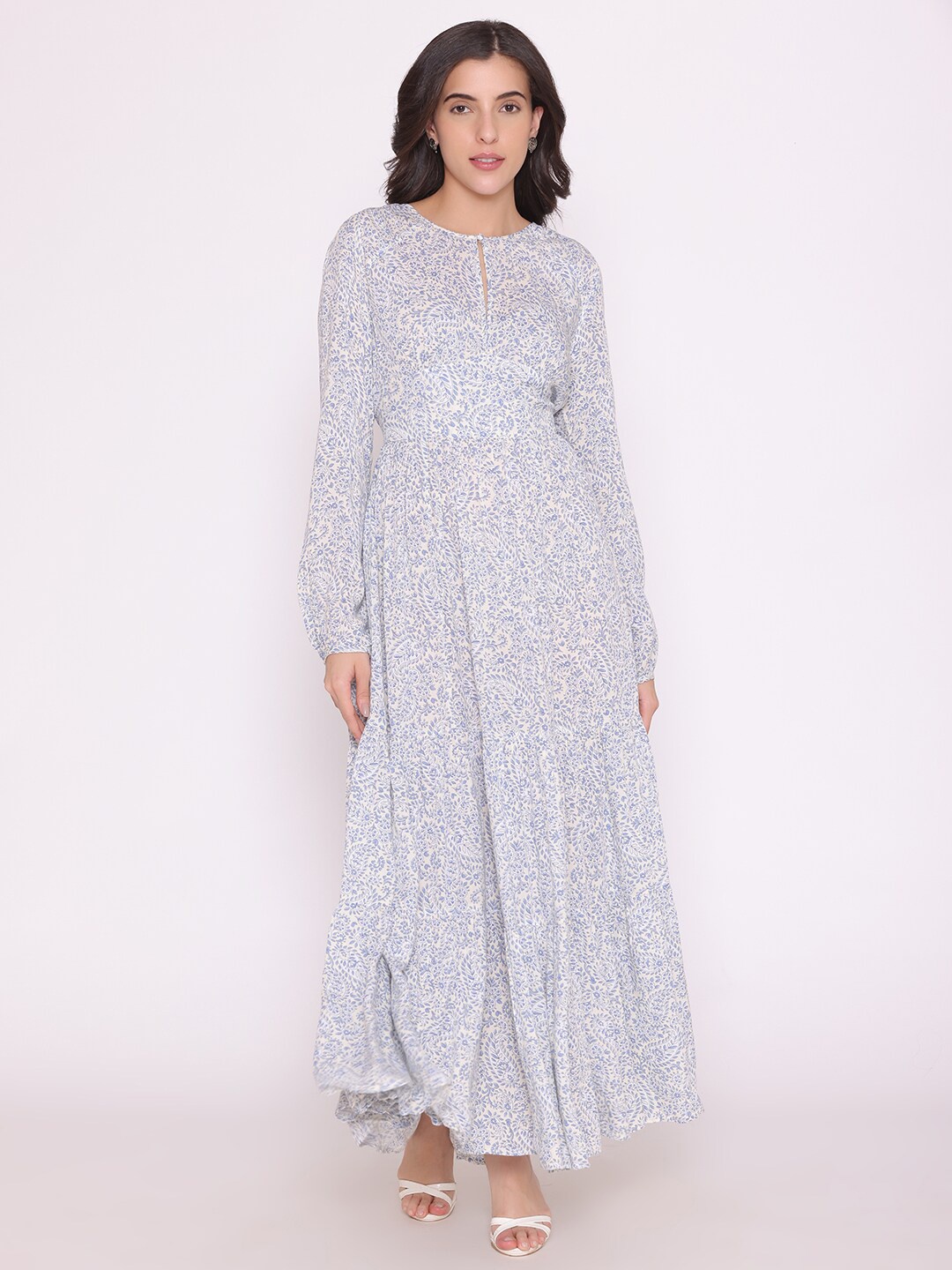 

FLAWLESS Floral Printed Keyhole Neck Gathered Maxi Dress, White