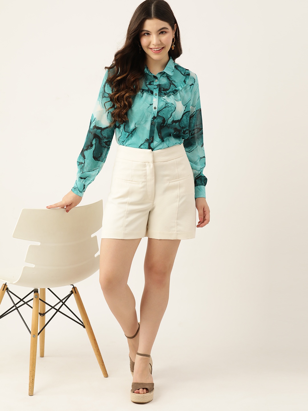 

DressBerry Sheer Abstract Printed Ruffles Casual Shirt, Teal
