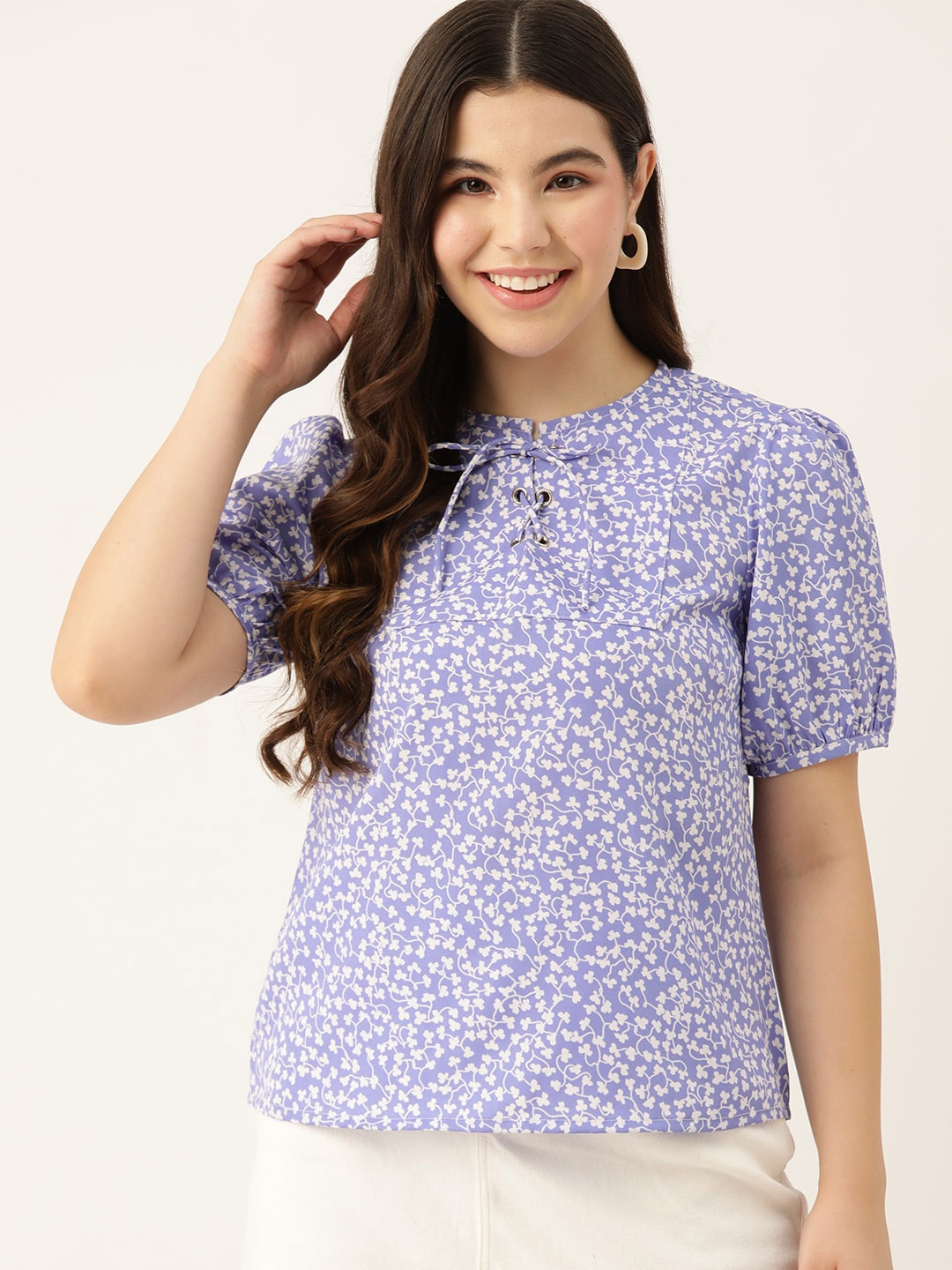 

DressBerry Floral Print Tie-Up Neck Puff Sleeves Top, Blue