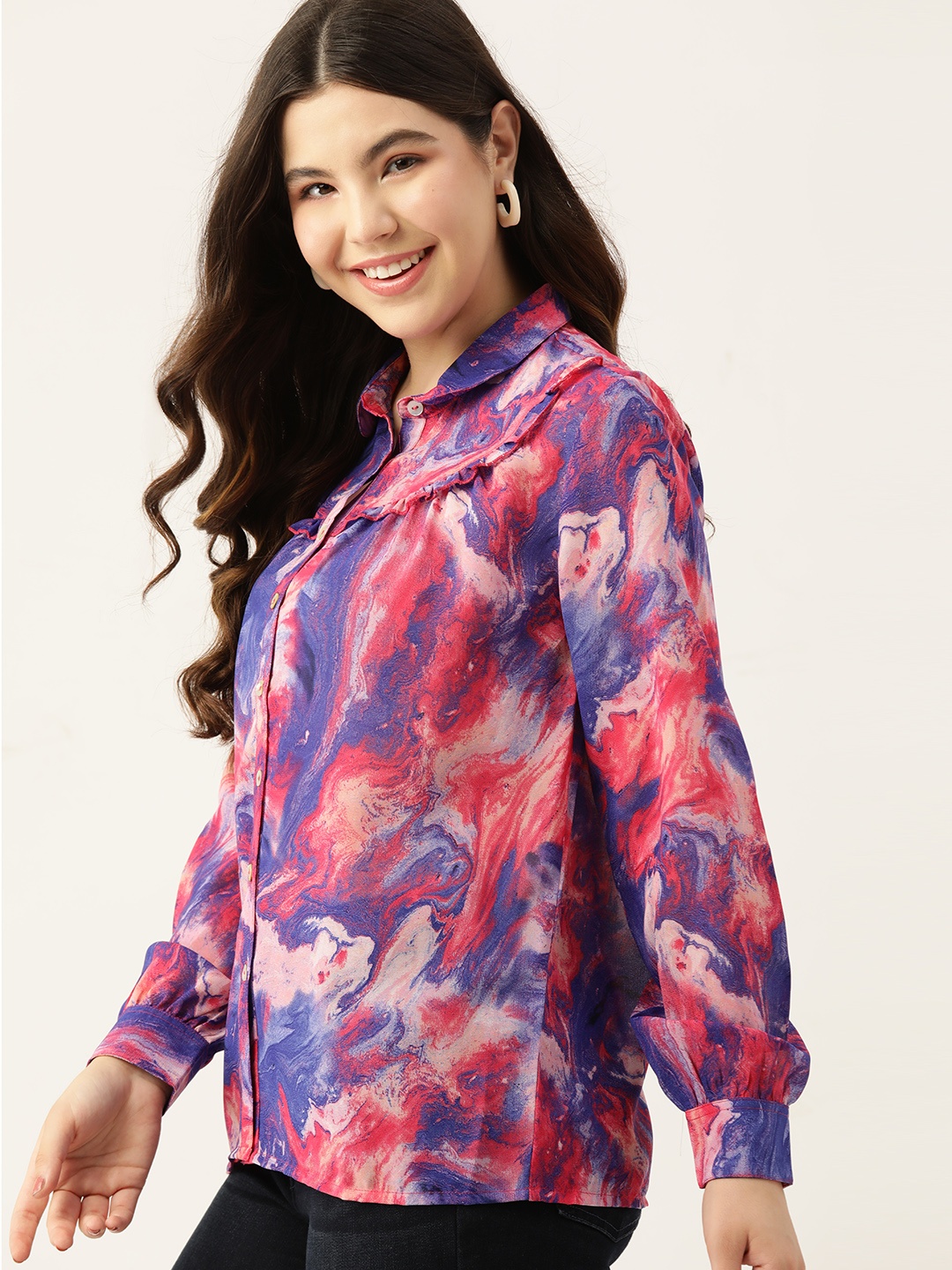 

DressBerry Sheer Abstract Printed Ruffles Casual Shirt, Blue