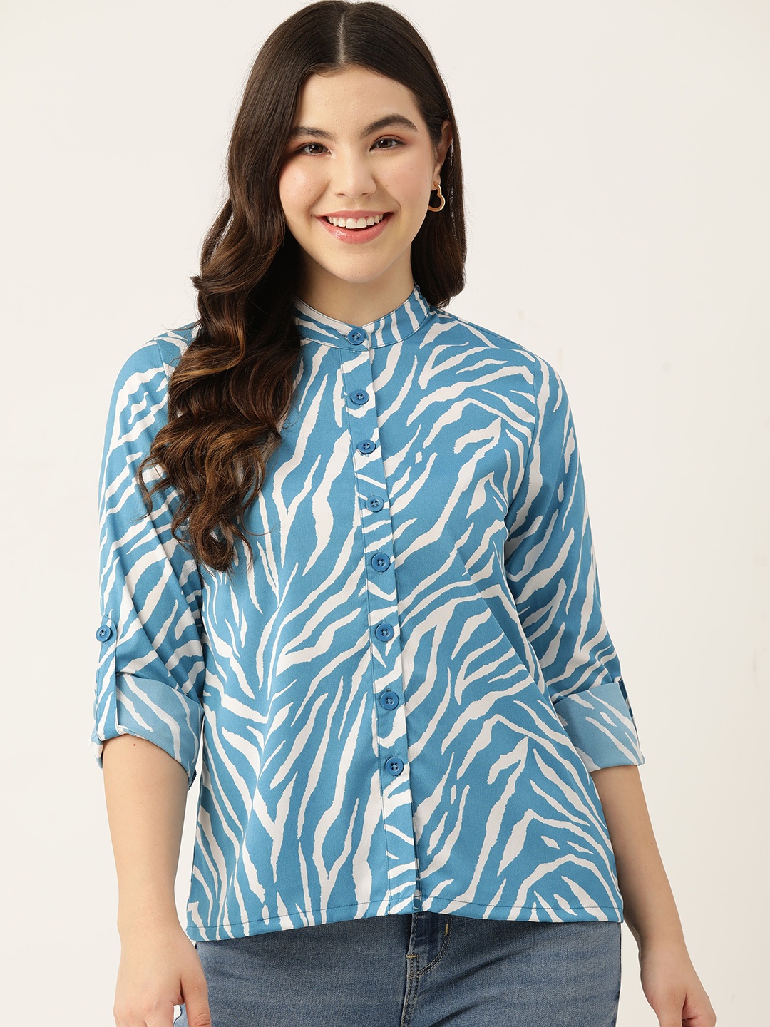 

DressBerry Animal Printed Mandarin Collar Roll-Up Sleeves Casual Shirt, Blue
