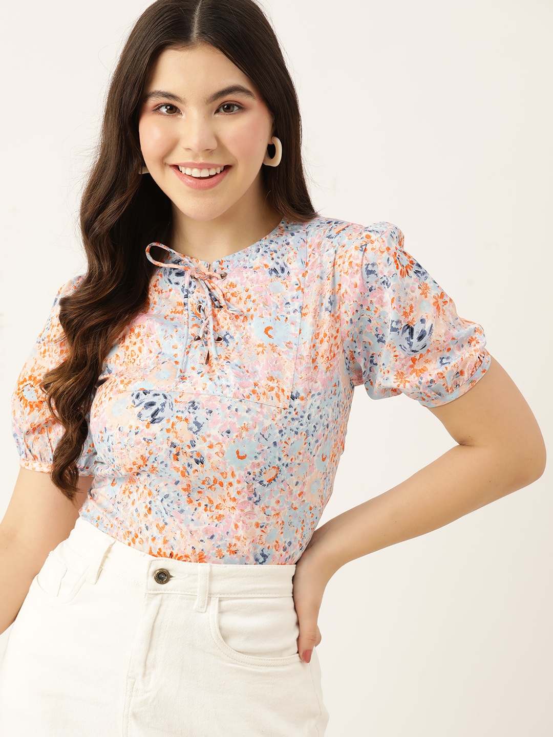 

DressBerry Print Tie-Up Neck Puff Sleeves Top, Pink