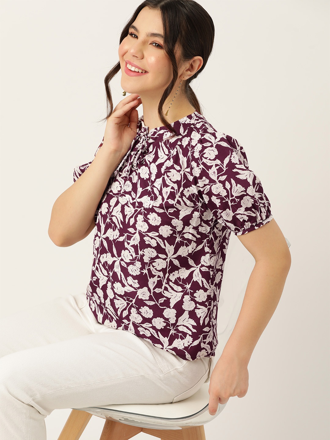 

DressBerry Floral Print Tie-Up Neck Puff Sleeves Top, Maroon