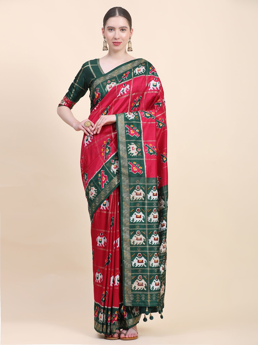 

Phenav Ethnic Motifs Printed Zari Detailed Pure Silk Patola Saree, Red