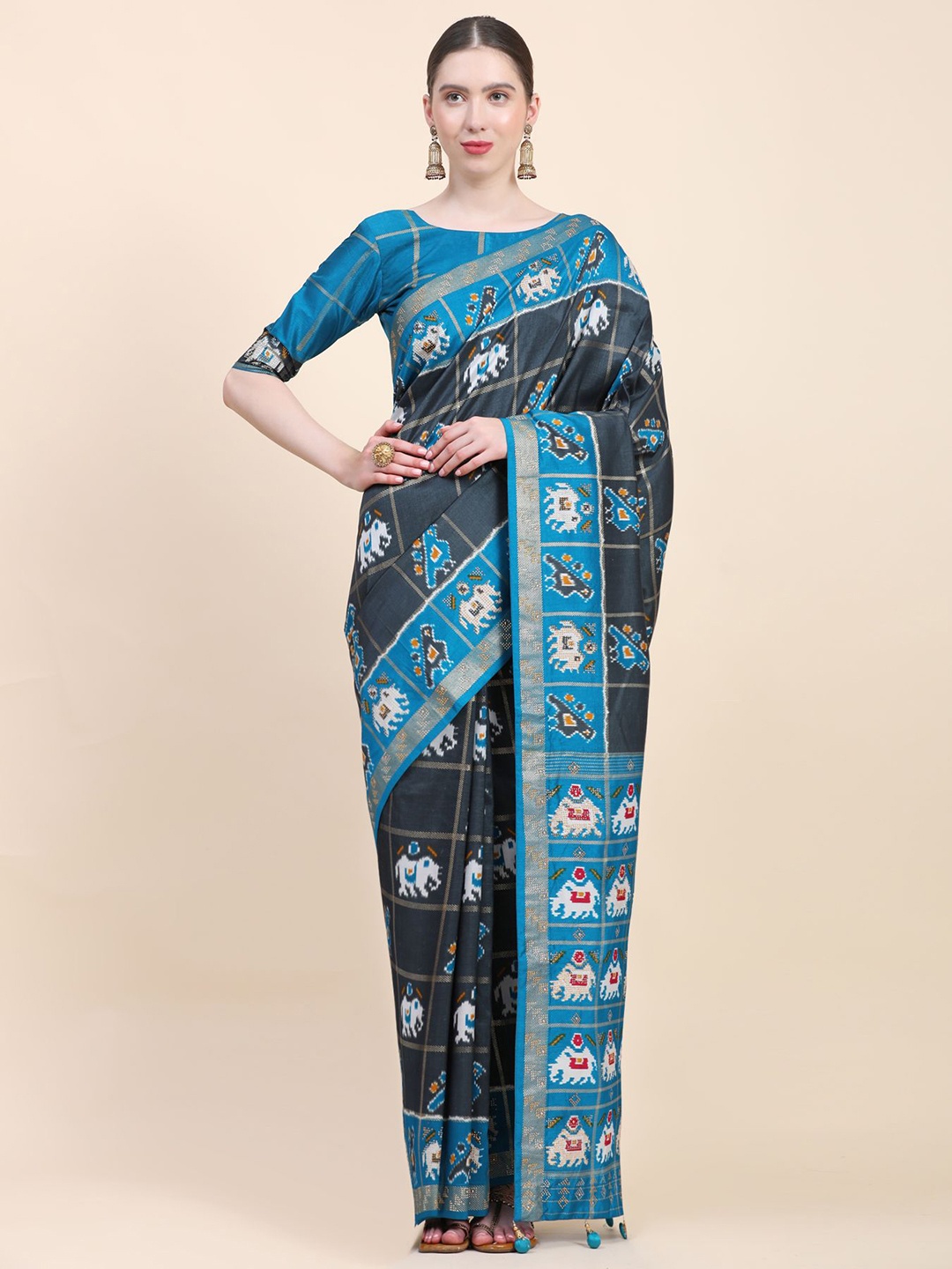 

Phenav Ethnic Motifs Printed Zari Detailed Pure Silk Patola Saree, Blue