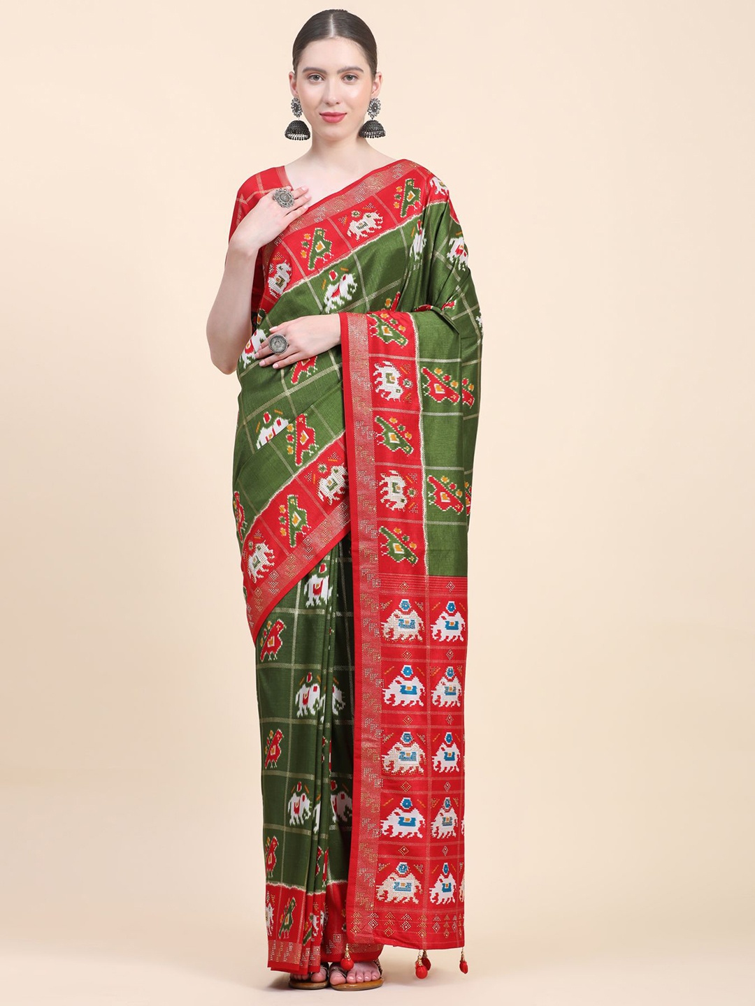 

Phenav Ethnic Motifs Printed Zari Detailed Pure Silk Patola Saree, Green