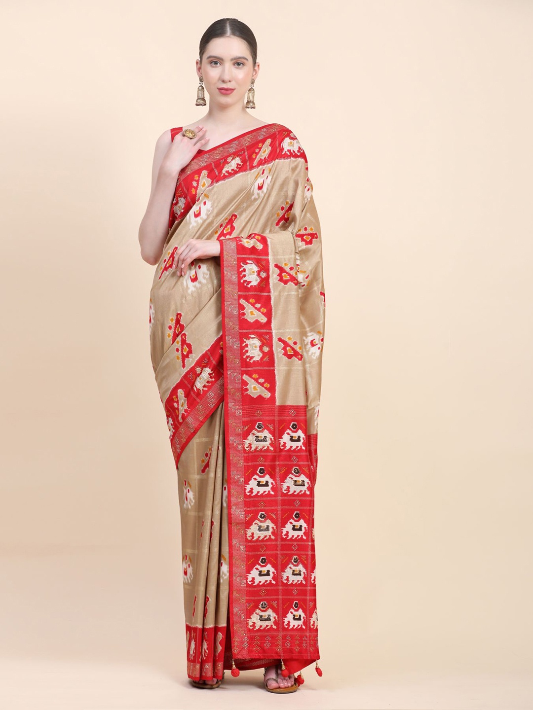 

Phenav Ethnic Motifs Pure Silk Patola Saree, Red