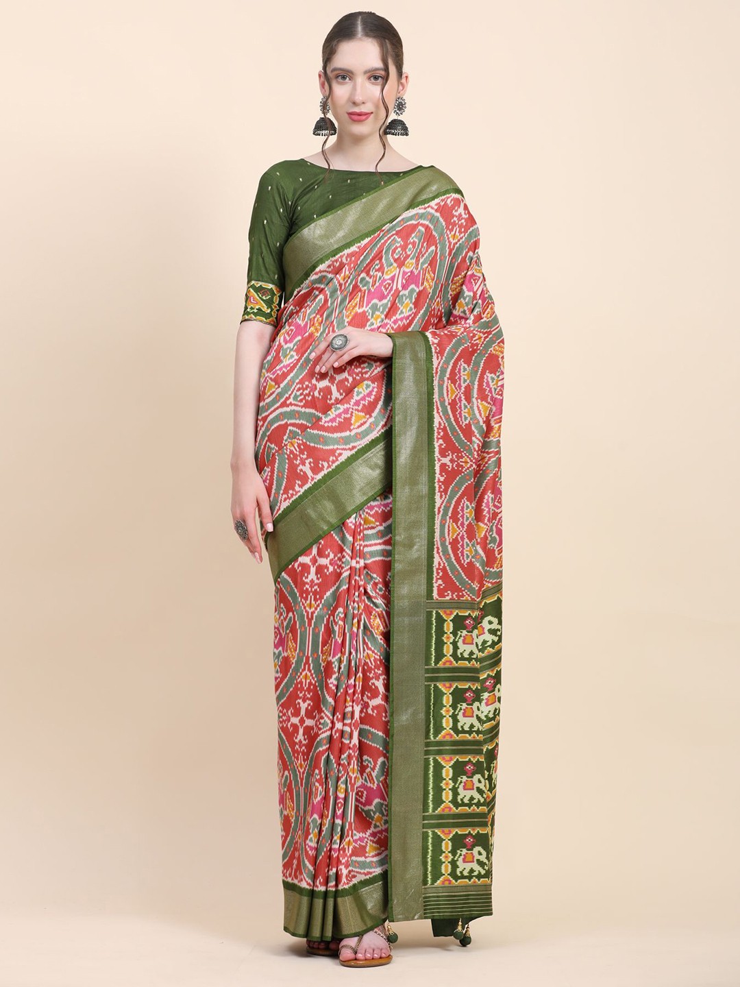 

Phenav Ethnic Motifs Zari Pure Silk Patola Saree, Red
