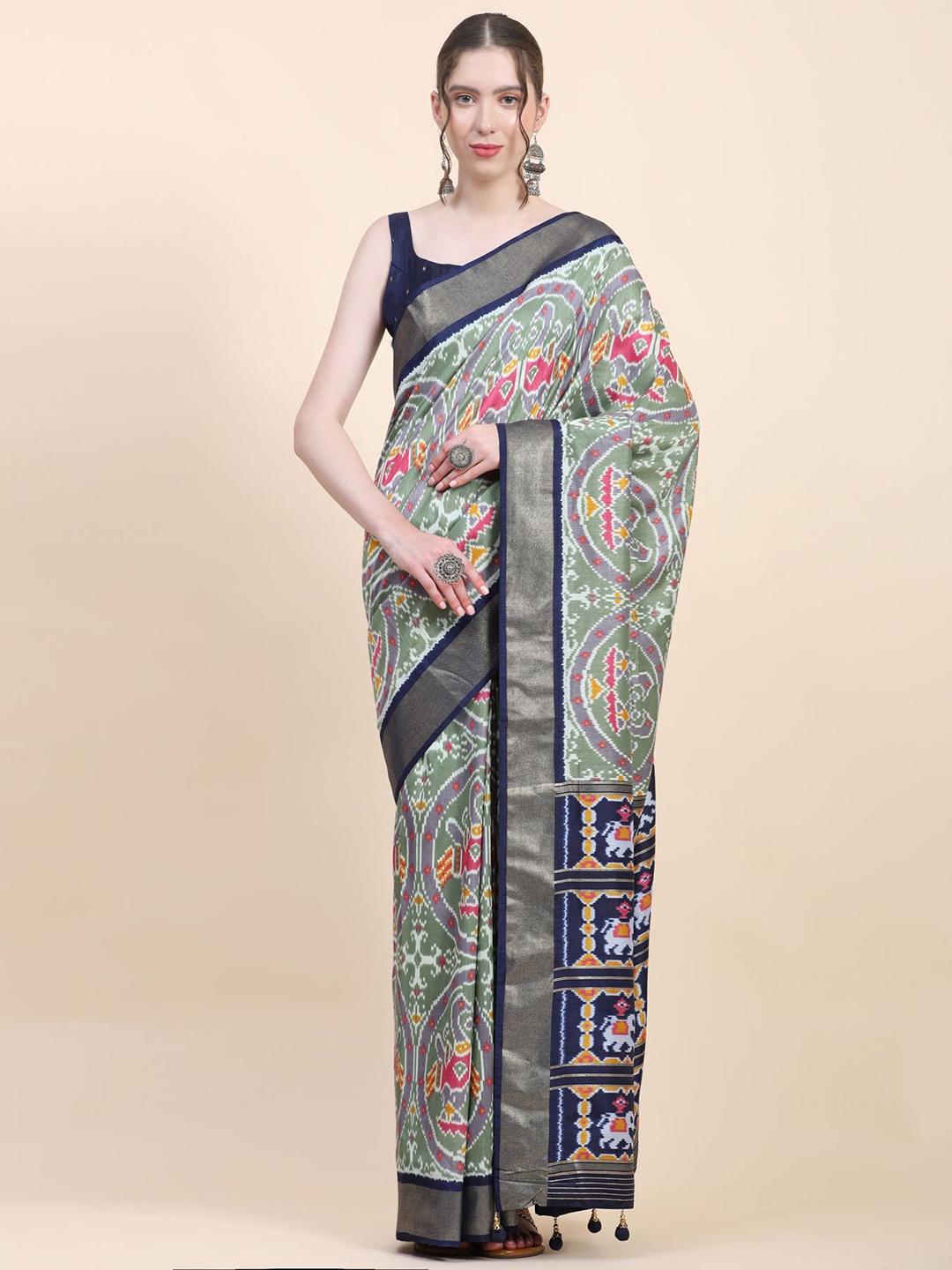 

Phenav Ethnic Motifs Zari Pure Silk Patola Saree, Green