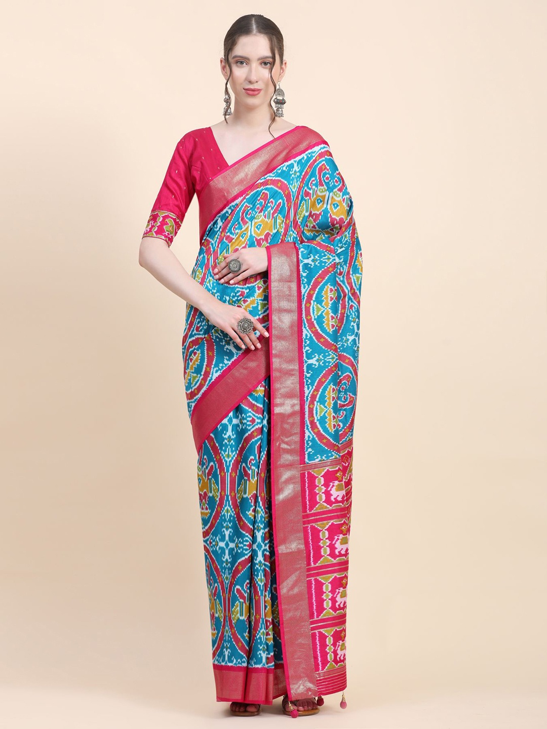 

Phenav Ethnic Motifs Zari Pure Silk Patola Saree, Blue