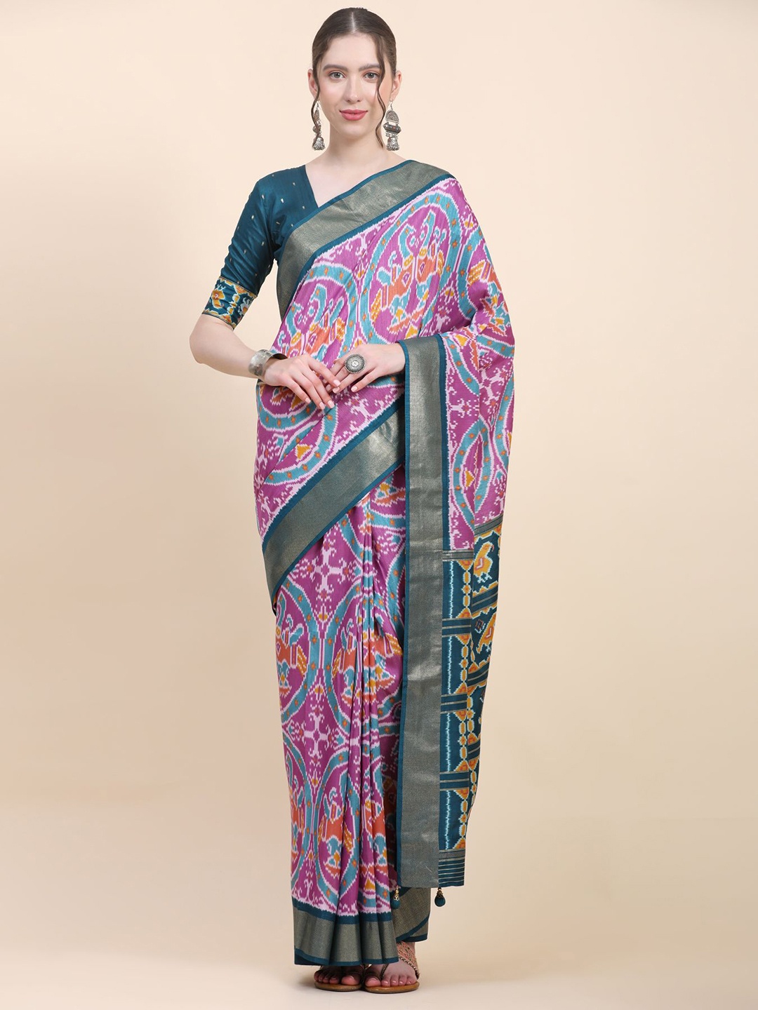 

Phenav Ethnic Motifs Zari Pure Silk Patola Saree, Blue
