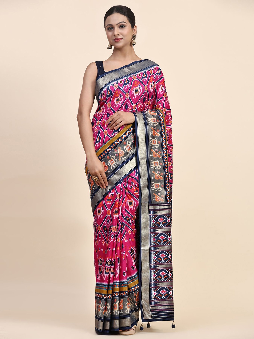 

Phenav Blue Ethnic Motifs Zari Pure Silk Patola Saree, Pink