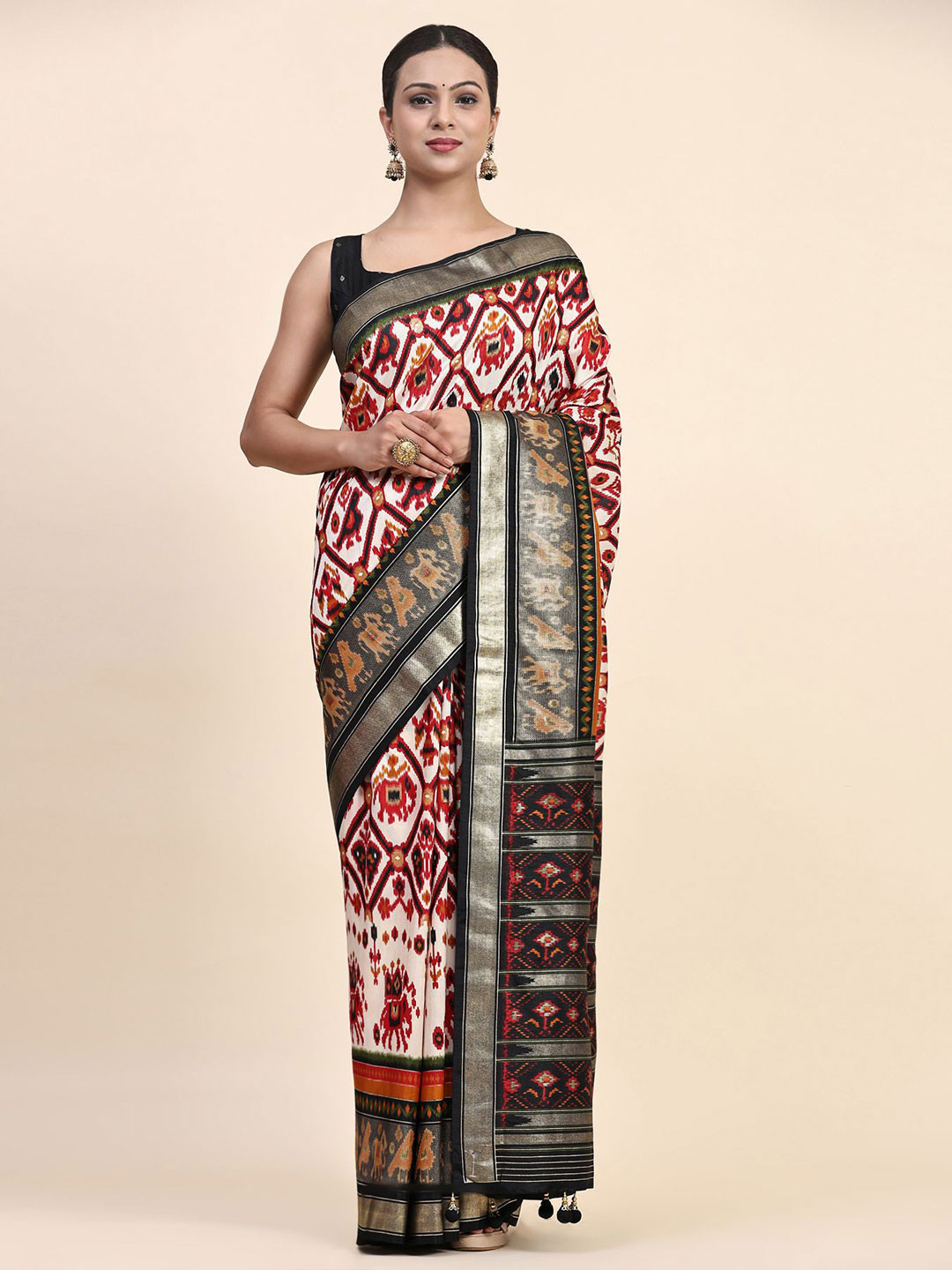 

Phenav Ethnic Motifs Zari Pure Silk Patola Saree, Red