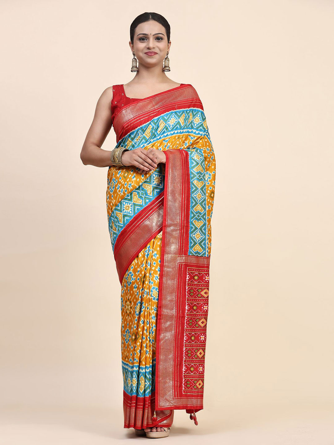 

Phenav Ethnic Motifs Zari Pure Silk Patola Saree, Yellow
