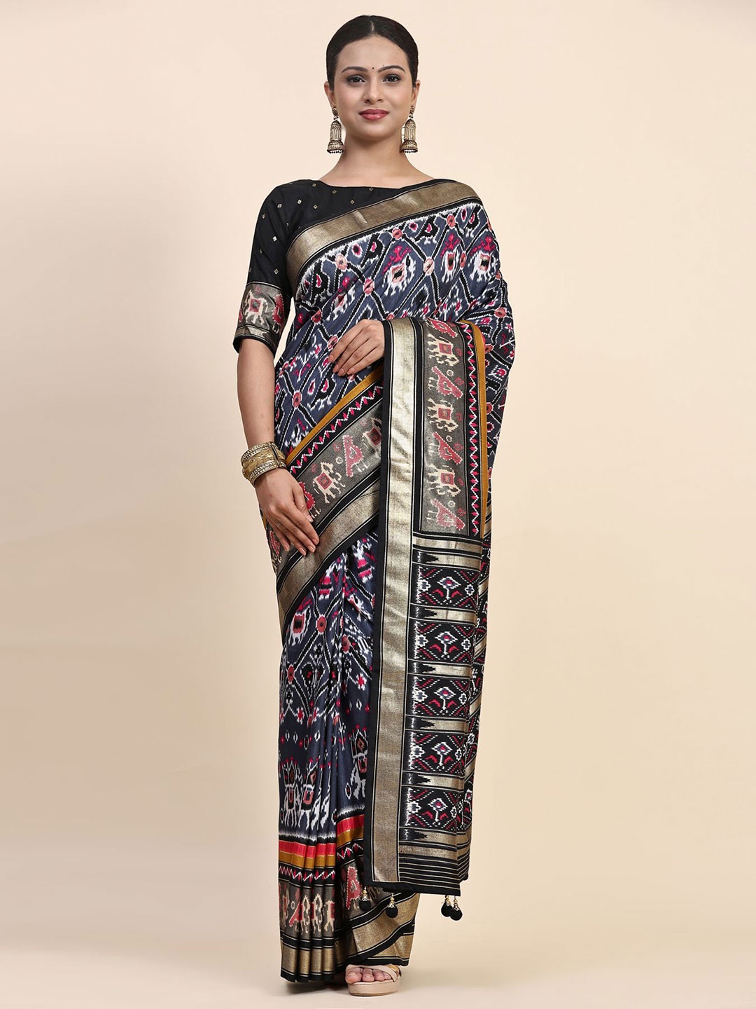 

Phenav Ethnic Motifs Printed Zari Pure Silk Patola Saree, Grey