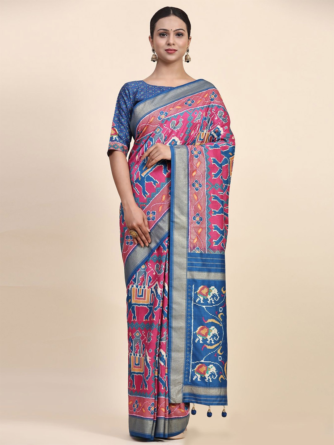 

Phenav Ethnic Motifs Printed Zari Pure Silk Saree, Blue