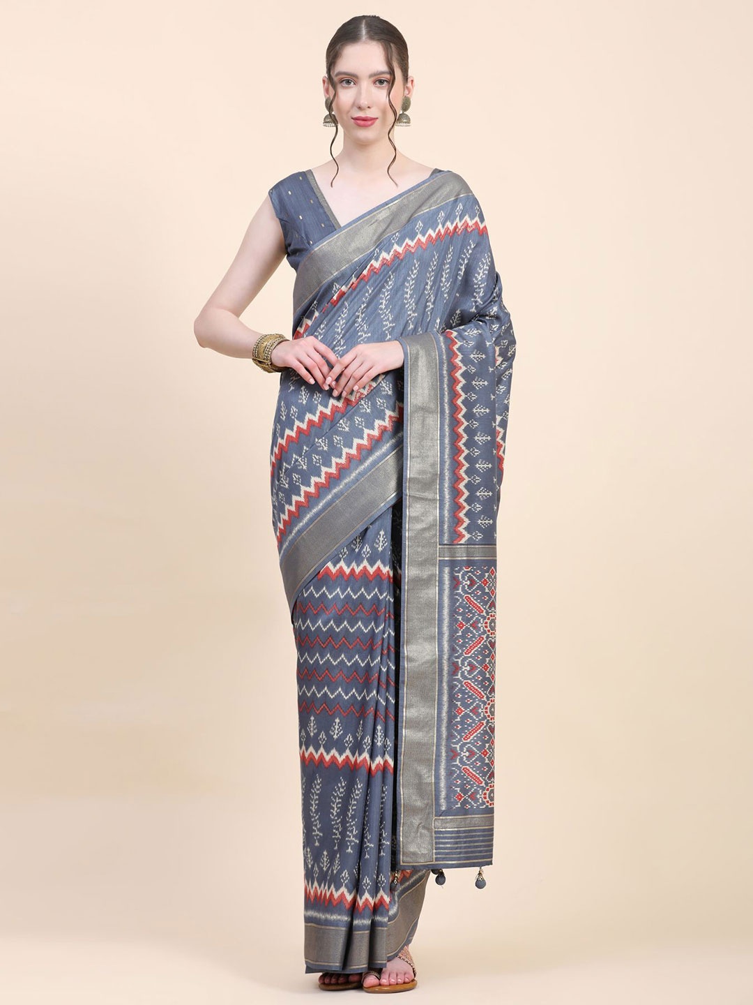 

Phenav Ethnic Motifs Zari Pure Silk Patola Saree, Grey