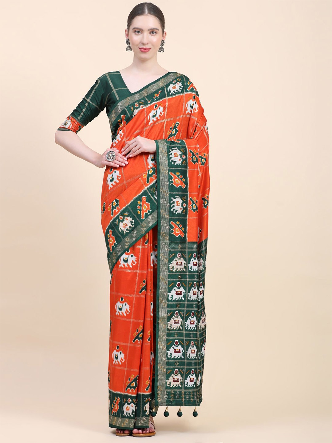 

Phenav Ethnic Motifs Zari Pure Silk Patola Saree, Green