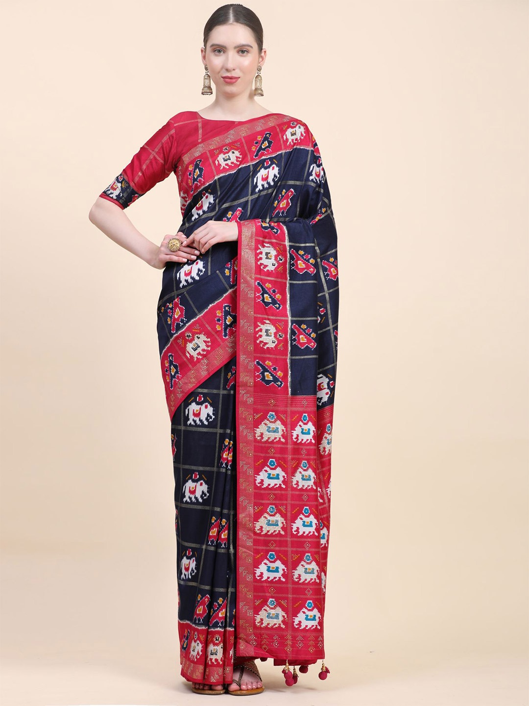 

Phenav Ethnic Motifs Zari Pure Silk Patola Saree, Red