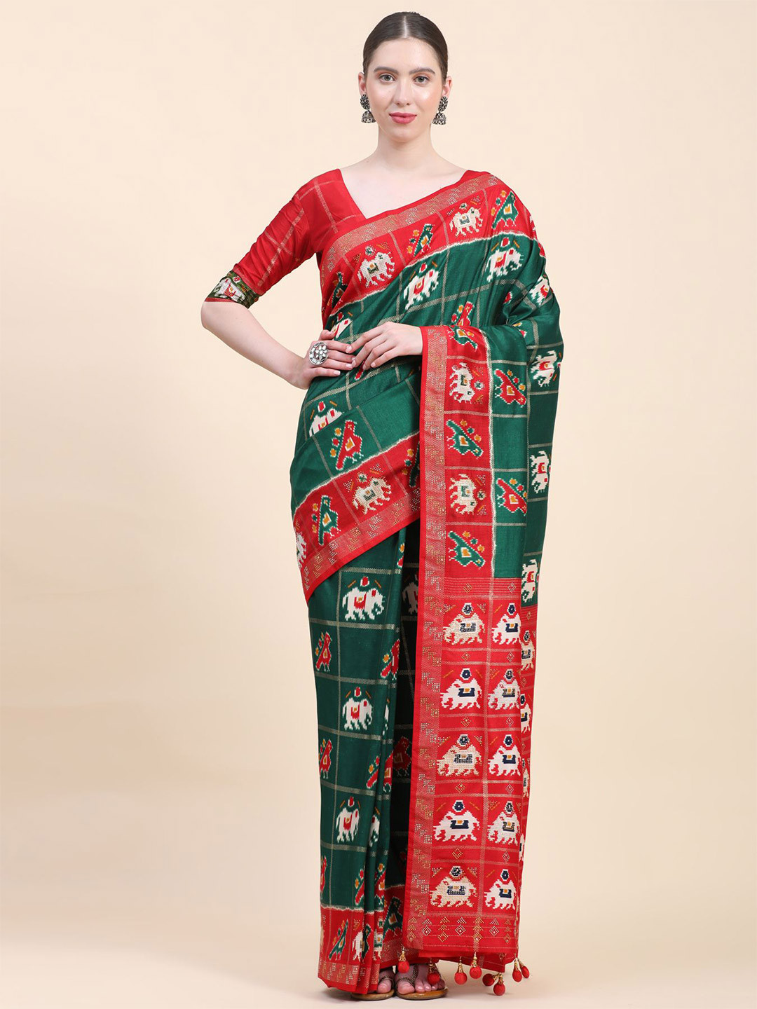 

Phenav Ethnic Motifs Zari Pure Silk Patola Saree, Green