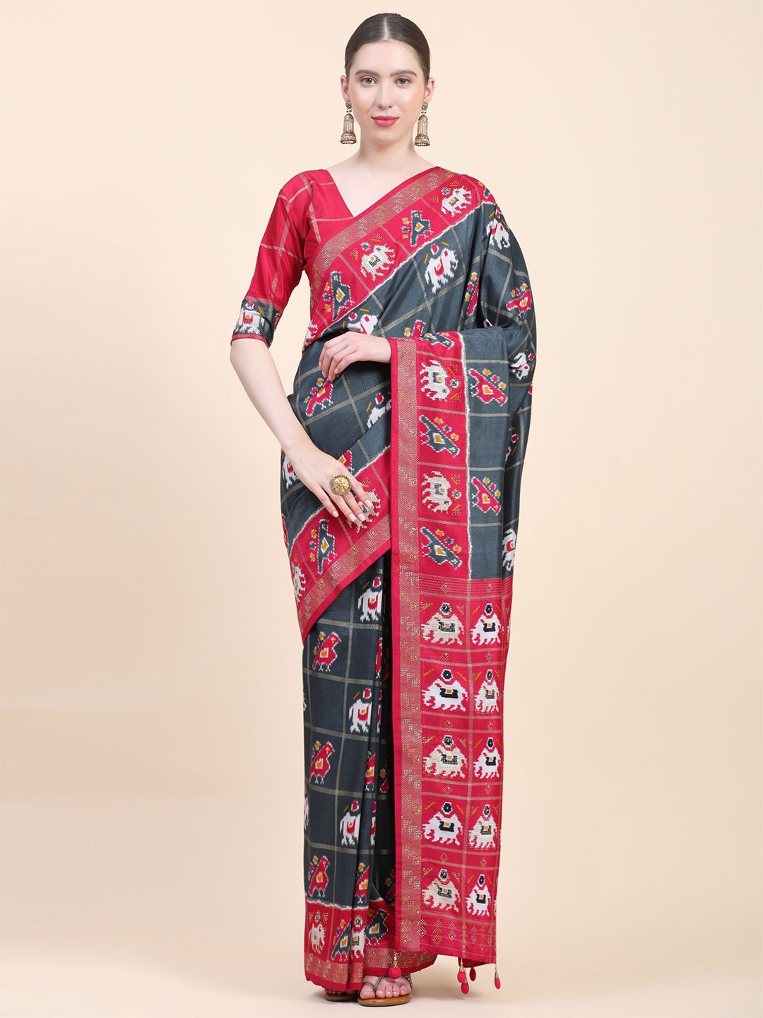 

Phenav Ethnic Motifs Zari Pure Silk Patola Saree, Red