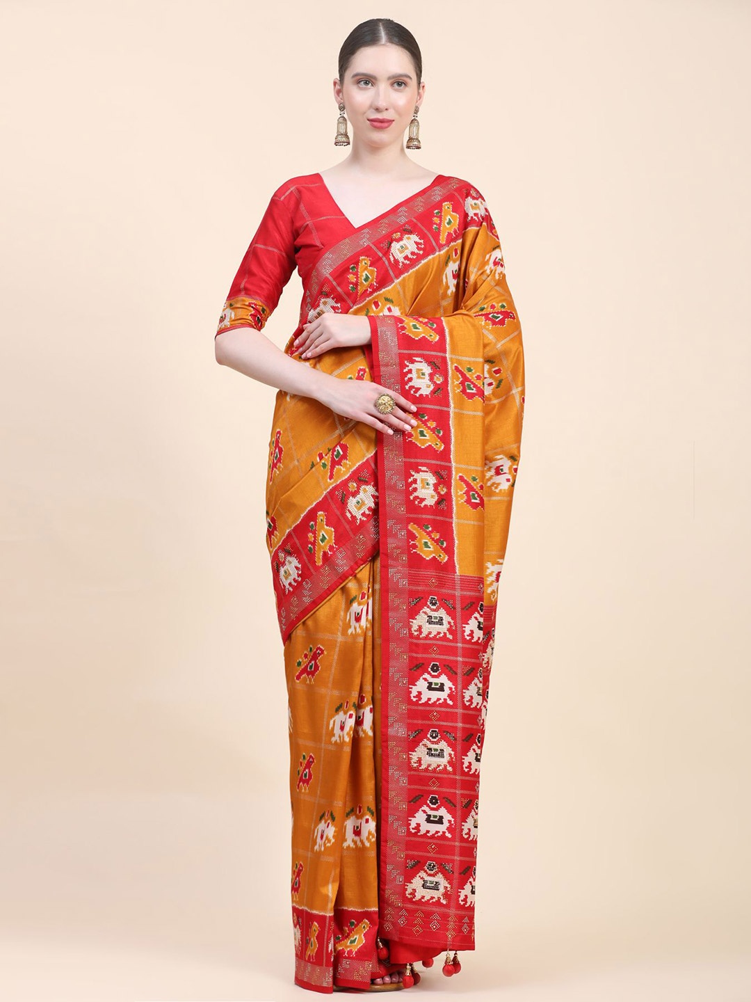 

Phenav Ethnic Motifs Zari Pure Silk Patola Saree, Red