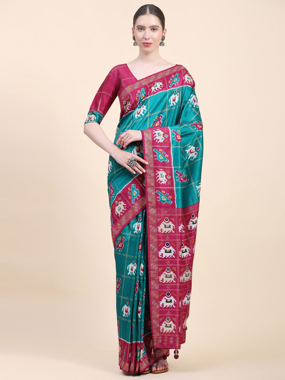 

Phenav Ethnic Motifs Zari Pure Silk Patola Saree, Green