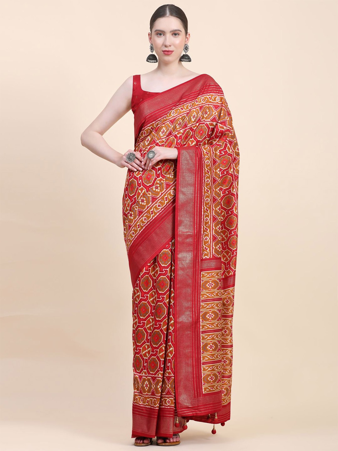 

Phenav Ethnic Motifs Printed Zari Detailed Pure Silk Patola Saree, Red
