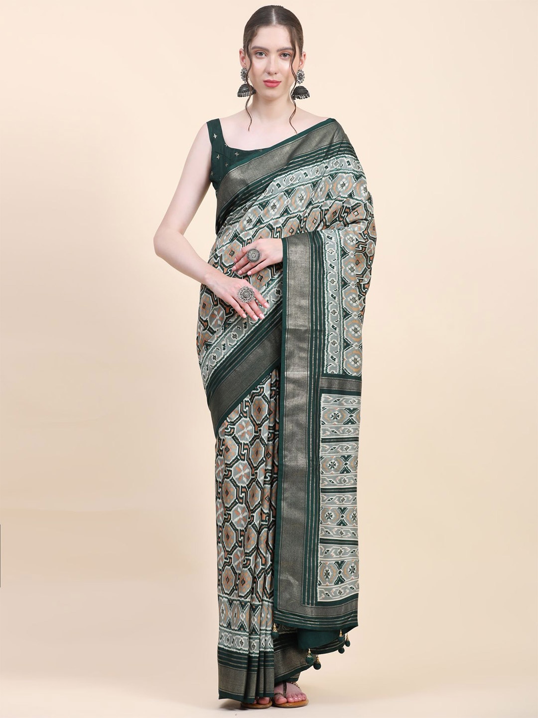 

Phenav Ethnic Motifs Printed Zari Detailed Pure Silk Patola Saree, Green