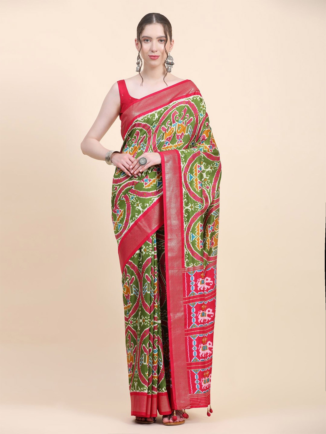 

Phenav Ethnic Motifs Printed Zari Detailed Pure Silk Patola Saree, Green