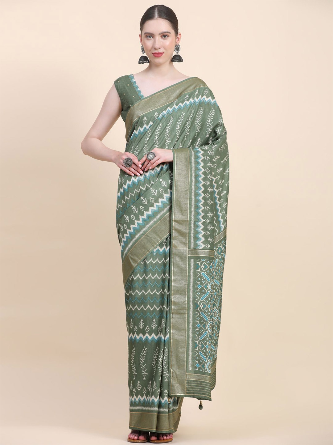 

Phenav Ethnic Motifs Printed Zari Detailed Pure Silk Patola Saree, Green