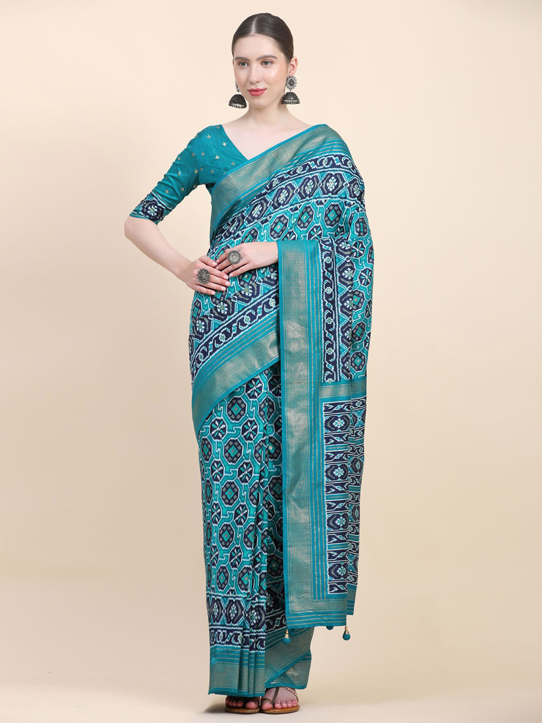 

Phenav Ethnic Motifs Printed Zari Detailed Pure Silk Patola Saree, Blue