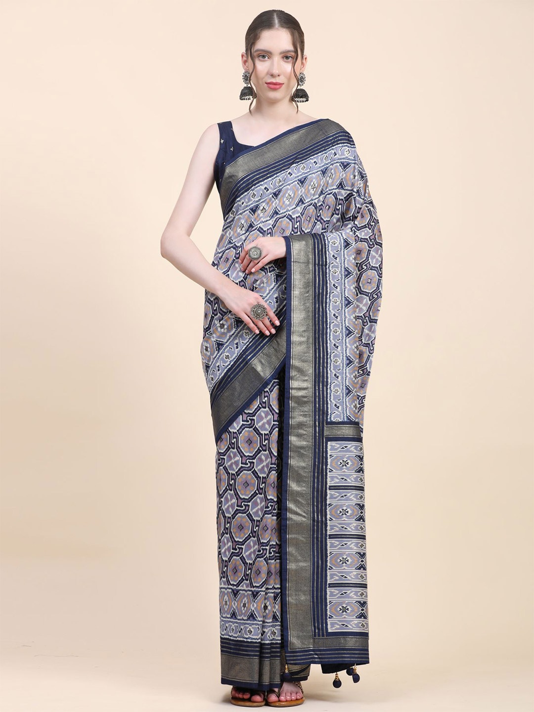 

Phenav Ethnic Motifs Printed Zari Detailed Pure Silk Patola Saree, Grey