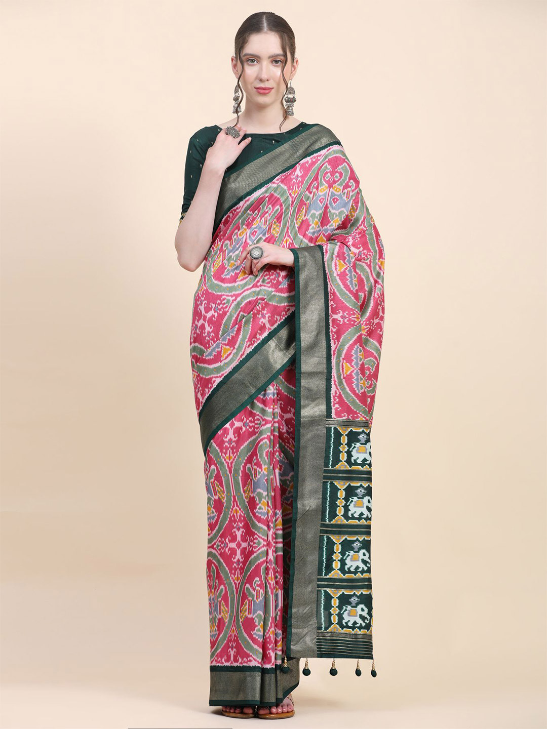 

Phenav Ethnic Motifs Printed Zari Detailed Pure Silk Patola Saree, Green