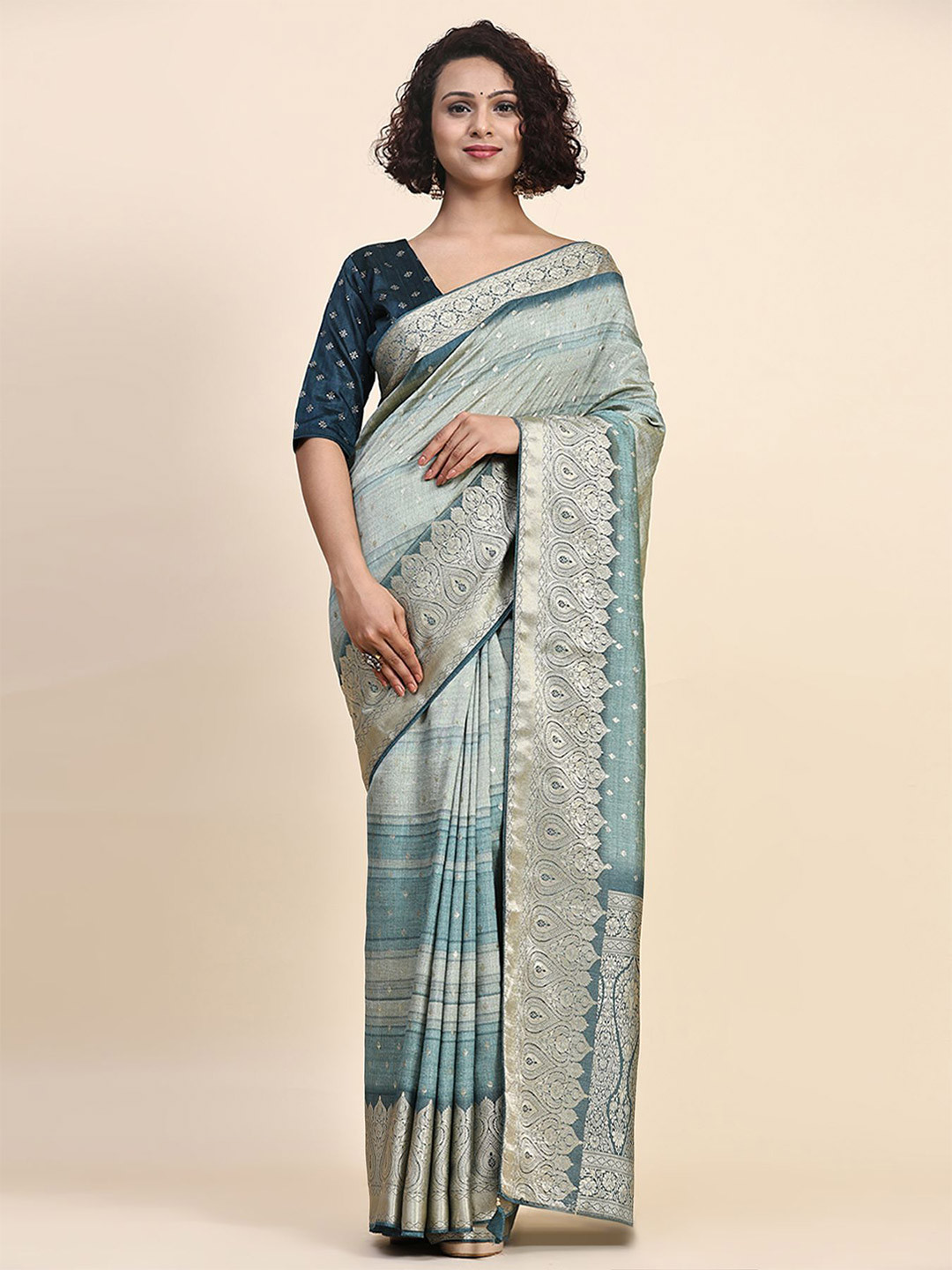 

Phenav Ethnic Motifs Printed Zari Detailed Pure Silk Saree, Blue