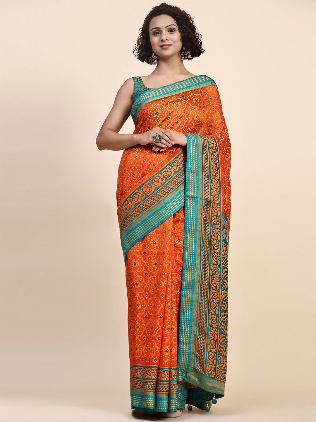 

Phenav Ethnic Motifs Printed Pure Silk Saree, Orange